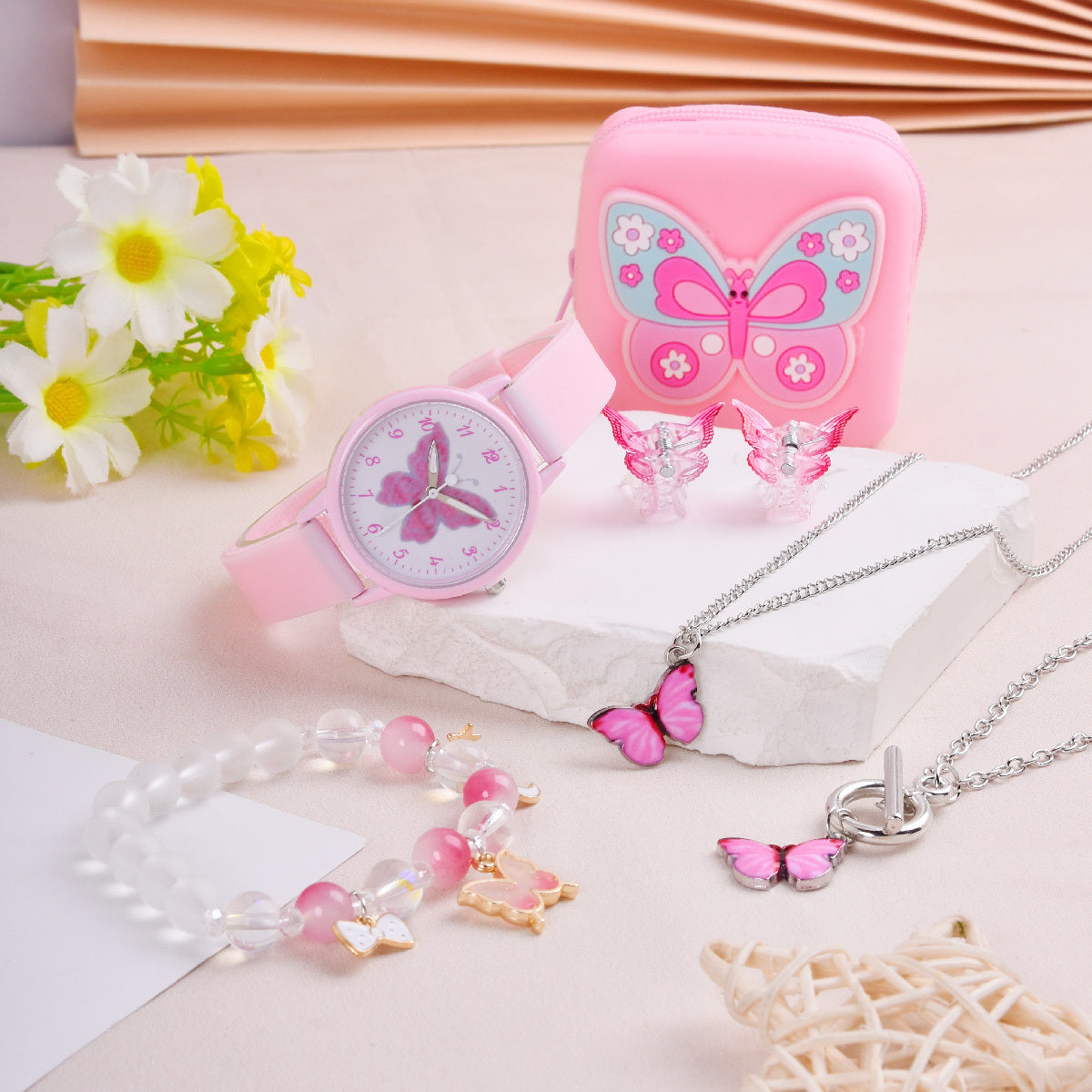 Pink Butterfly Girls Quartz Watch Set with Coin Purse Hairpin Necklace Bracelet