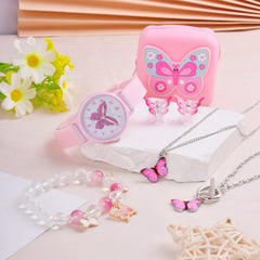 Pink Butterfly Girls Quartz Watch Set with Coin Purse Hairpin Necklace Bracelet