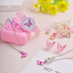 Pink Butterfly Girls Quartz Watch Set with Coin Purse Hairpin Necklace Bracelet