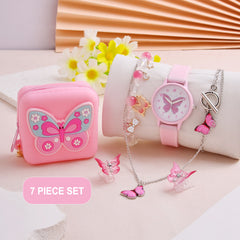 Pink Butterfly Girls Quartz Watch Set with Coin Purse Hairpin Necklace Bracelet