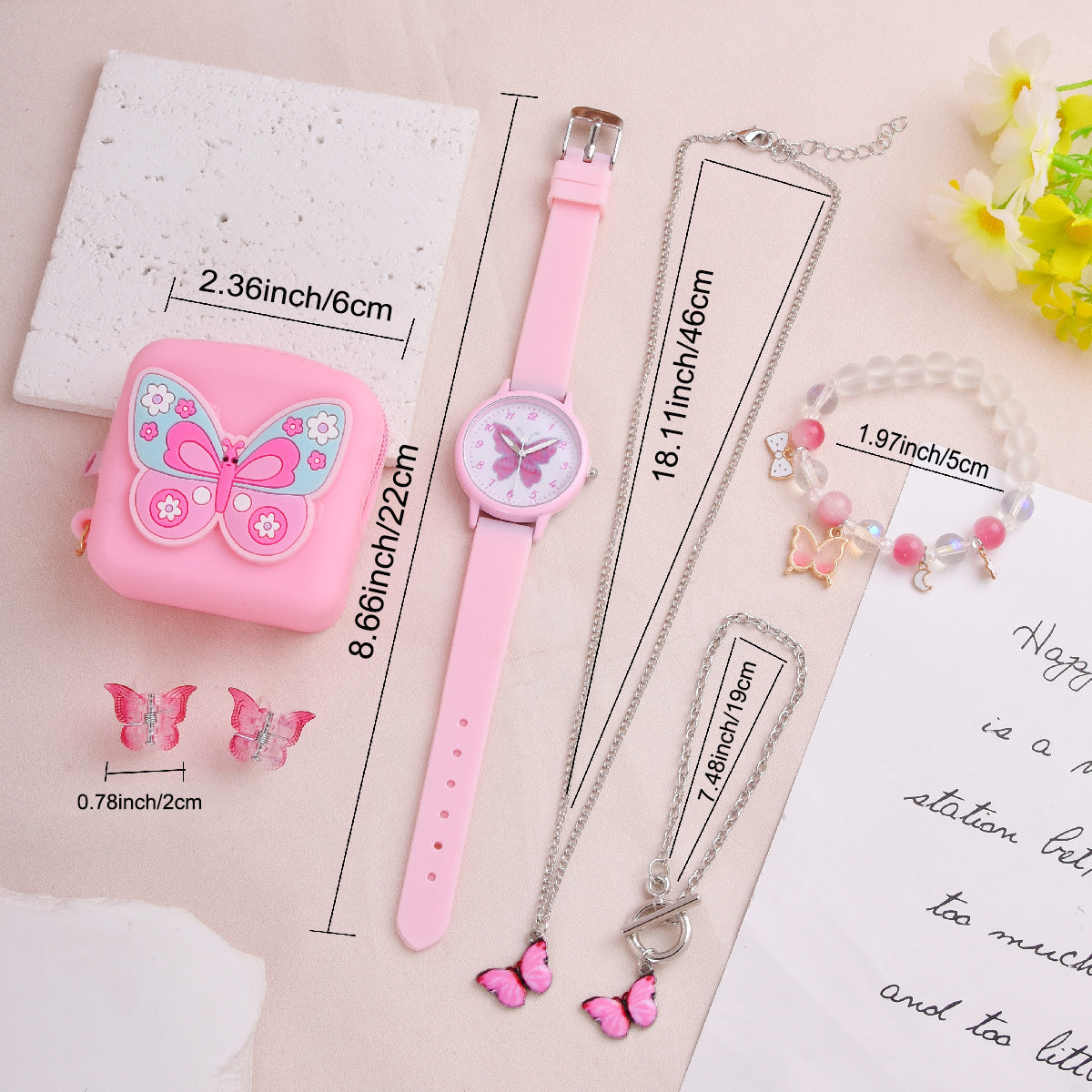 Pink Butterfly Girls Quartz Watch Set with Coin Purse Hairpin Necklace Bracelet