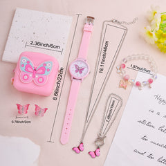 Pink Butterfly Girls Quartz Watch Set with Coin Purse Hairpin Necklace Bracelet