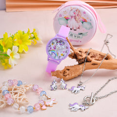 7pcs Cartoon Unicorn Girl's Watch Necklace Bracelet Earrings Coin Purse