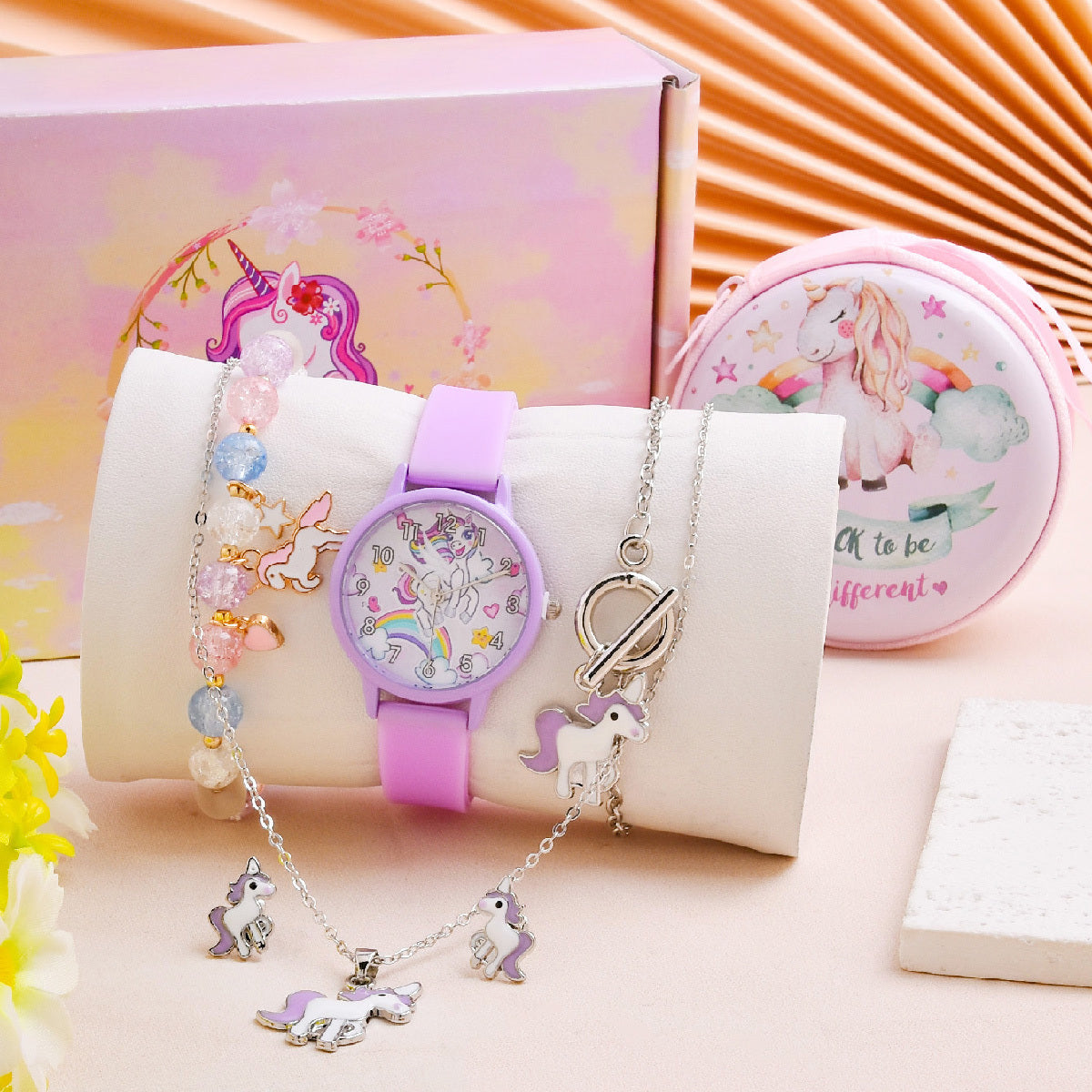 7pcs Cartoon Unicorn Girl's Watch Necklace Bracelet Earrings Coin Purse