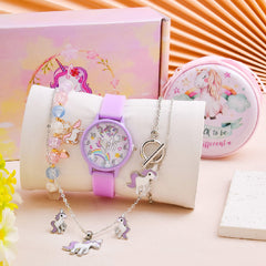 7pcs Cartoon Unicorn Girl's Watch Necklace Bracelet Earrings Coin Purse