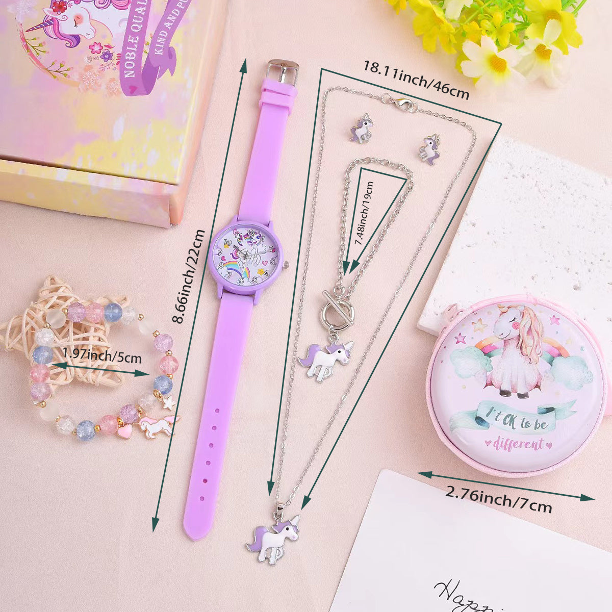 7pcs Cartoon Unicorn Girl's Watch Necklace Bracelet Earrings Coin Purse