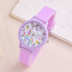 7pcs Cartoon Unicorn Girl's Watch Necklace Bracelet Earrings Coin Purse