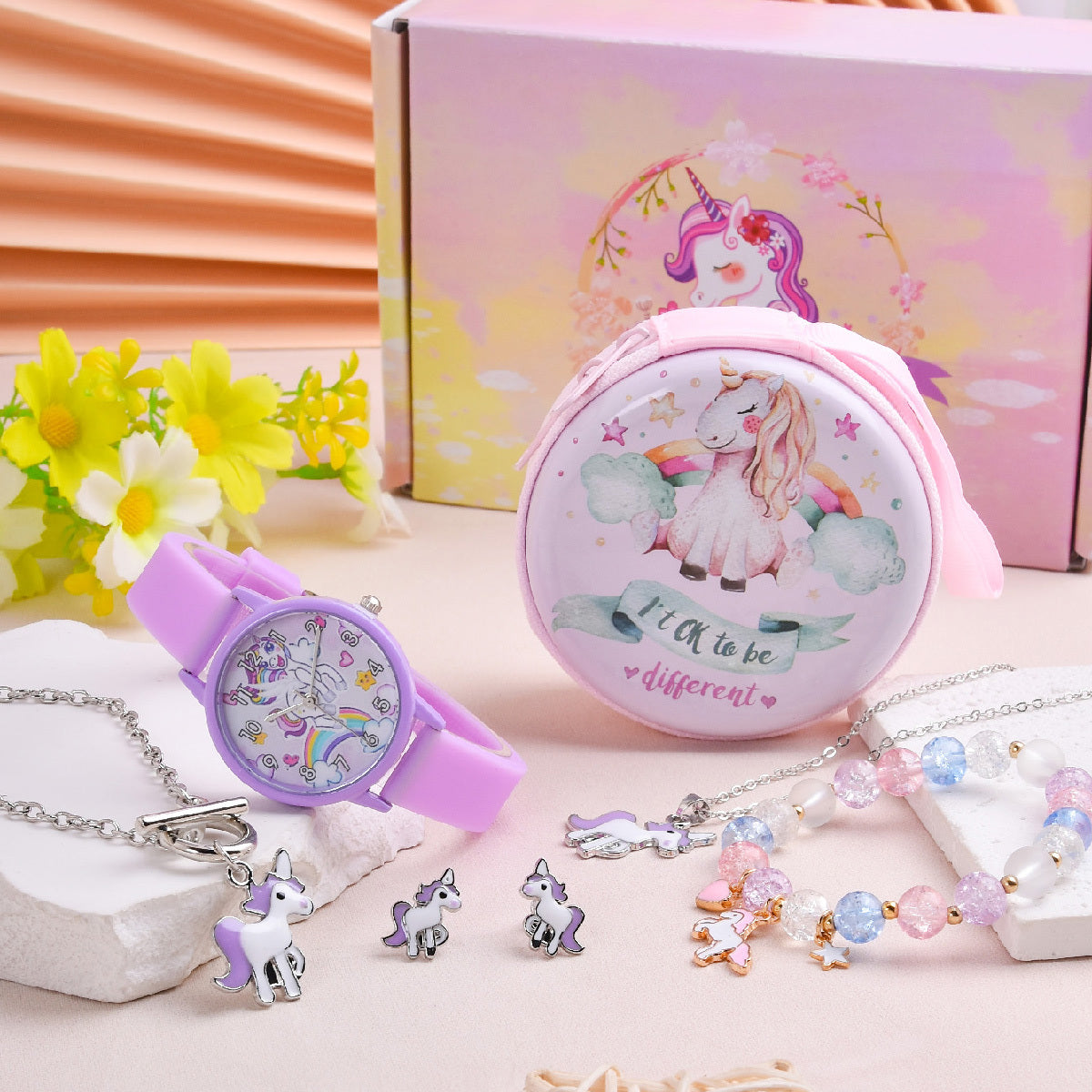 7pcs Cartoon Unicorn Girl's Watch Necklace Bracelet Earrings Coin Purse