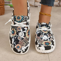 Women's Sunflower & Cow Print Boat Shoes Lace Up Non slip Flat Shoes