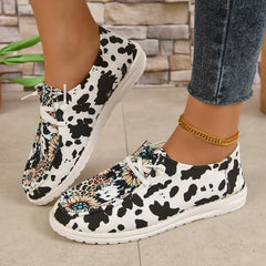 Women's Sunflower & Cow Print Boat Shoes Lace Up Non slip Flat Shoes