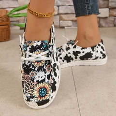 Women's Sunflower & Cow Print Boat Shoes Lace Up Non slip Flat Shoes