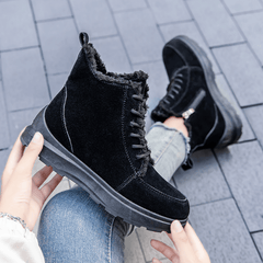 Women's Solid Platform Snow Boots Lace Up Side Zipper Ankle Boots