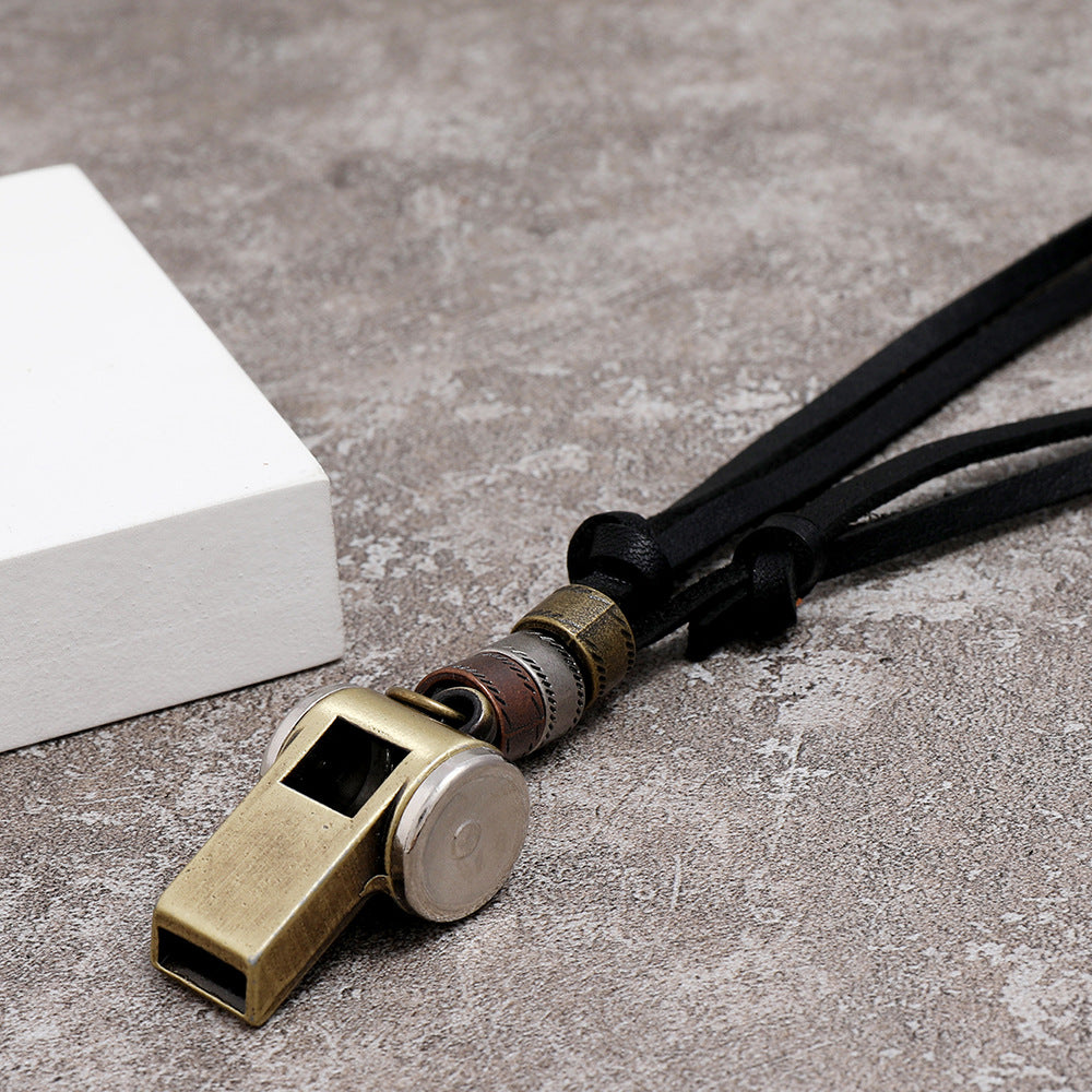 Vintage Alloy Whistle Pendant Leather Necklace