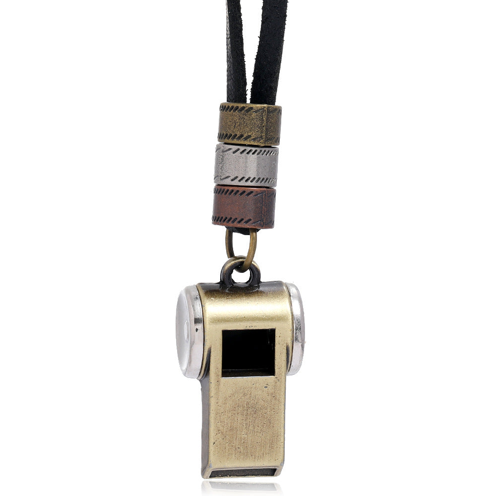 Vintage Alloy Whistle Pendant Leather Necklace