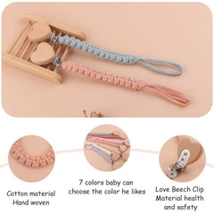 Braided Cotton Cloth Wooden Dummy Pacifier Clip for Baby Shower