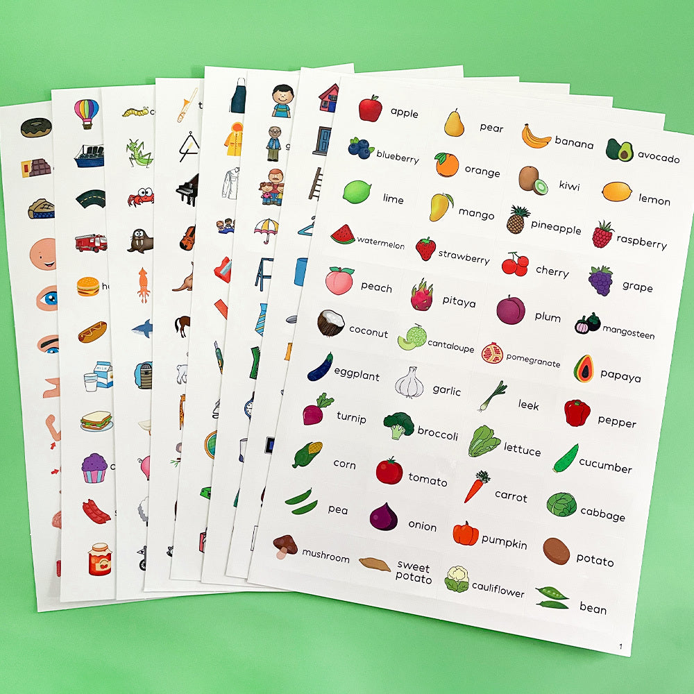 Educational English Learning Stickers for Kids - Fruits, Food, Animals, Family