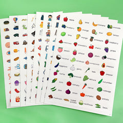 Educational English Learning Stickers for Kids - Fruits, Food, Animals, Family