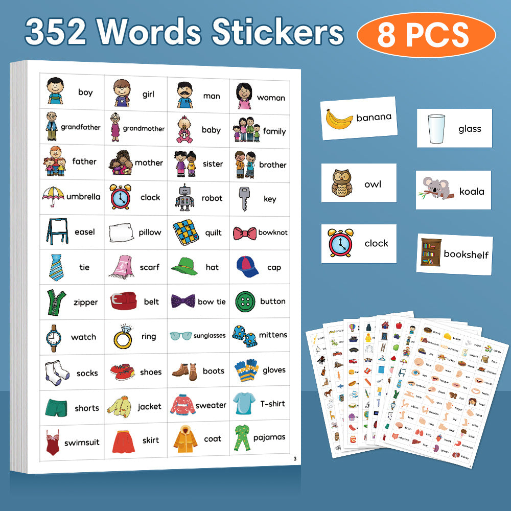 Educational English Learning Stickers for Kids - Fruits, Food, Animals, Family