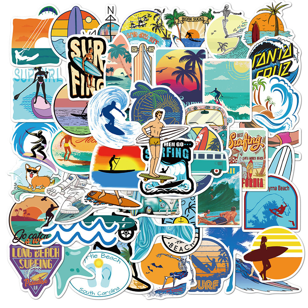 50PCS Summer Beach Surfing Cartoon Stickers DIY Waterproof Decoration