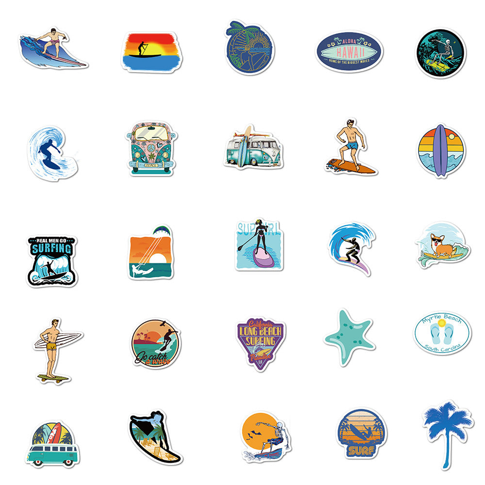 50PCS Summer Beach Surfing Cartoon Stickers DIY Waterproof Decoration