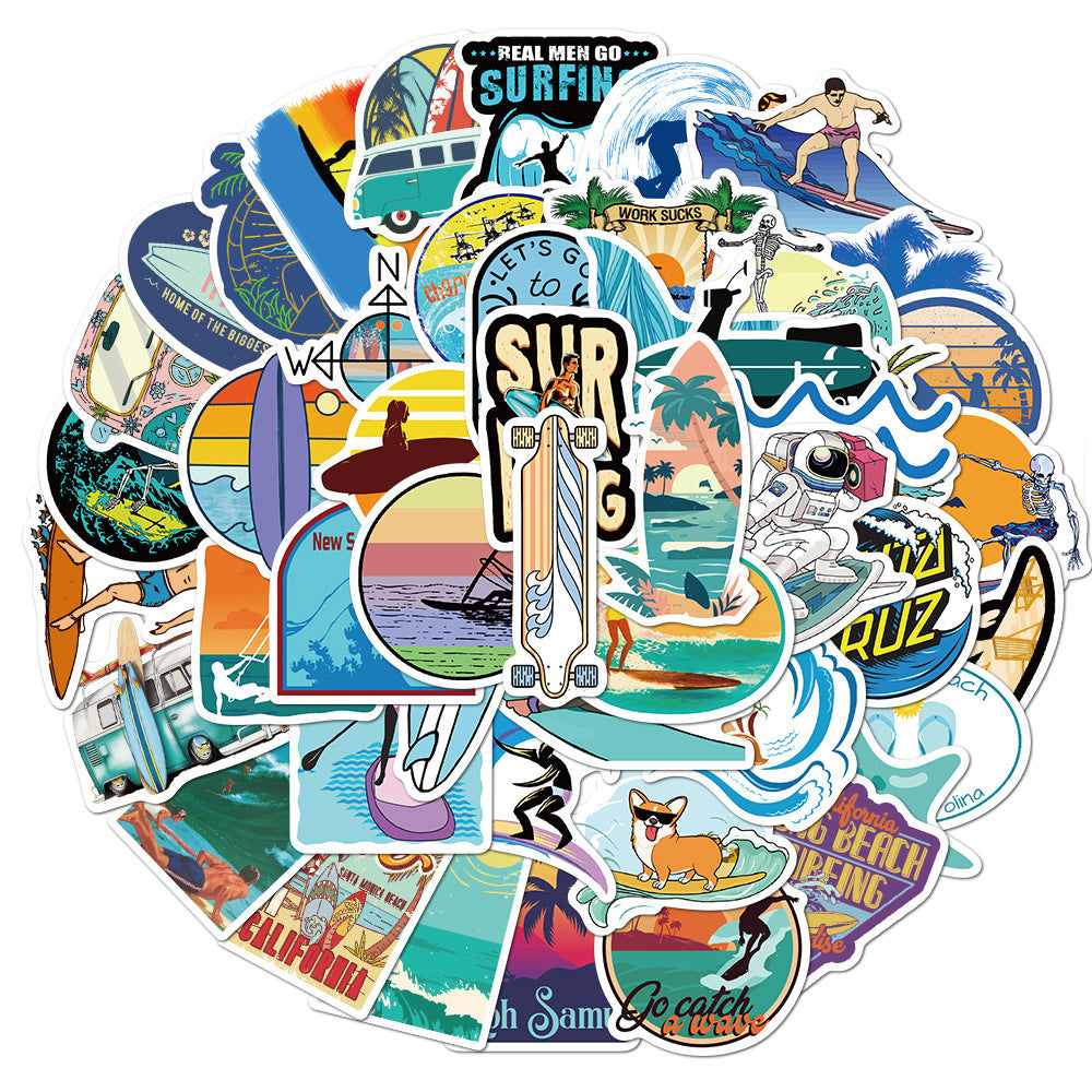 50PCS Summer Beach Surfing Cartoon Stickers DIY Waterproof Decoration