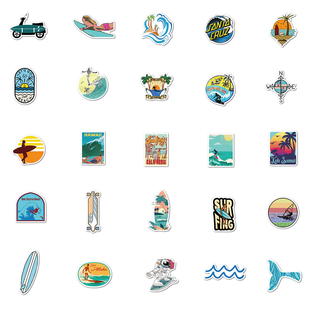 50PCS Summer Beach Surfing Cartoon Stickers DIY Waterproof Decoration