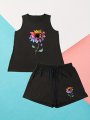Loungewear Set Sunflower & Puzzle Print Tank Top & Shorts Pajam