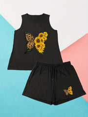 Sunflower & Leopard Butterfly Print Tank Top & Shorts Set