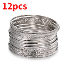 12pcs Ethnic Style Stackable Golden Silver Bangle Set For Girls