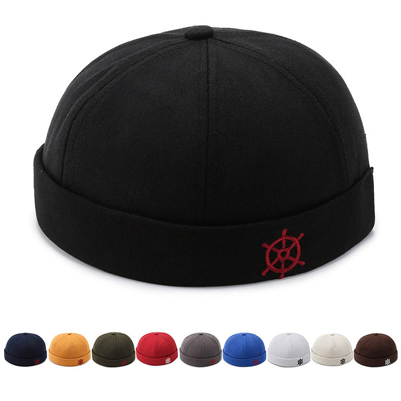 Melon Skin Hat Retro Brimless Landlord Hat With Rudder Embroidery