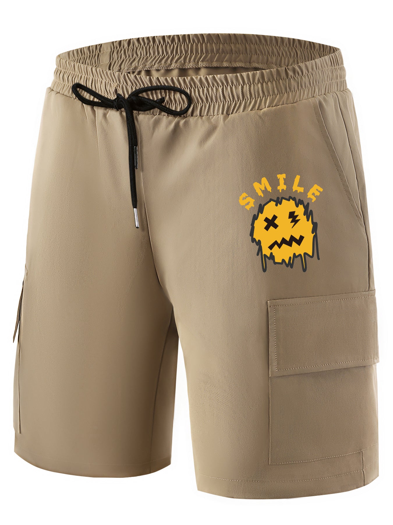 Smiling Face Pattern Cargo Shorts Men s Casual Pocket Waist Drawstring