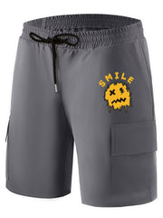 Smiling Face Pattern Cargo Shorts Men s Casual Pocket Waist Drawstring