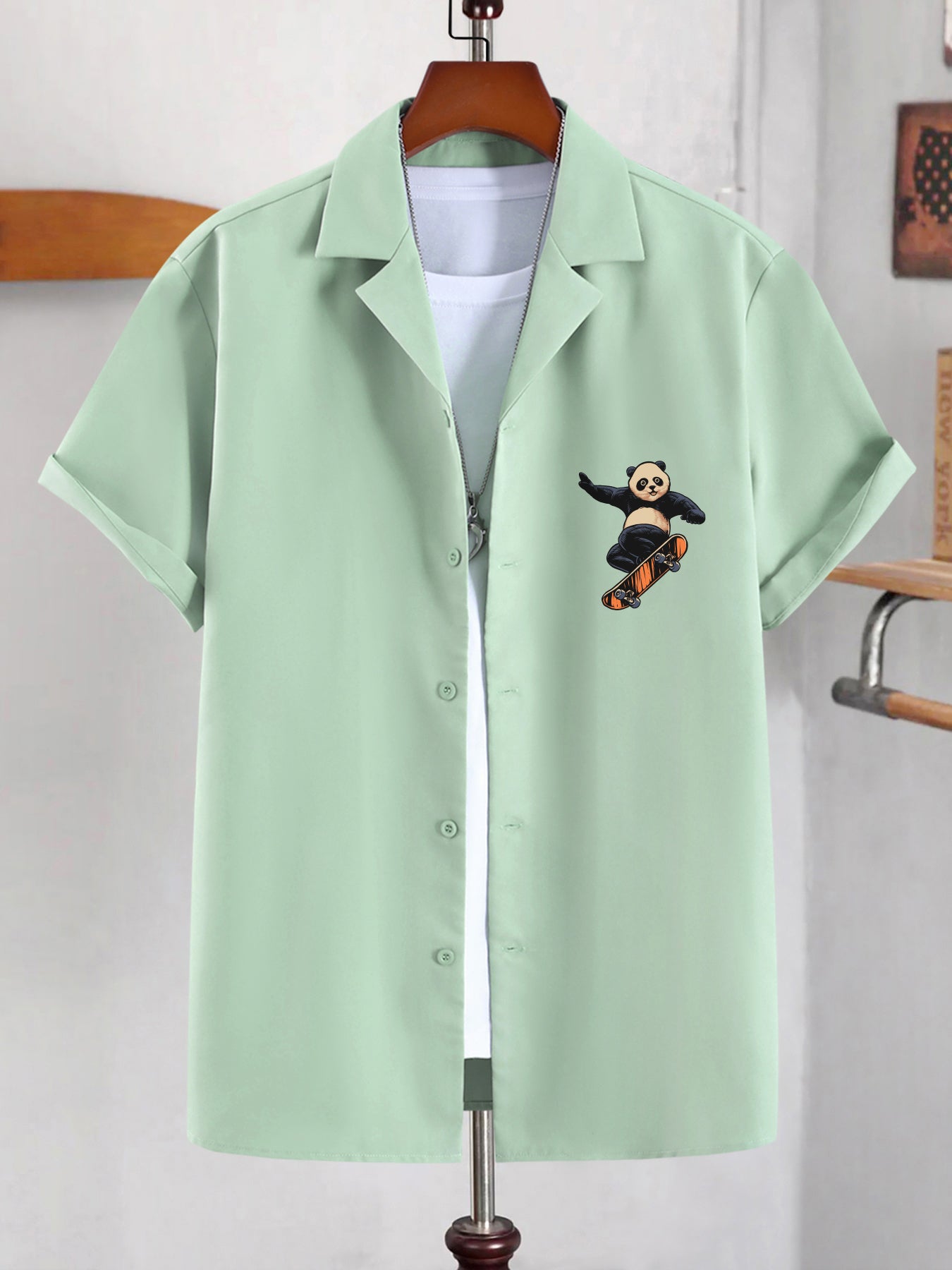 Skateboarding Panda Print Men's Short Sleeve Shirt for Summer Vacation