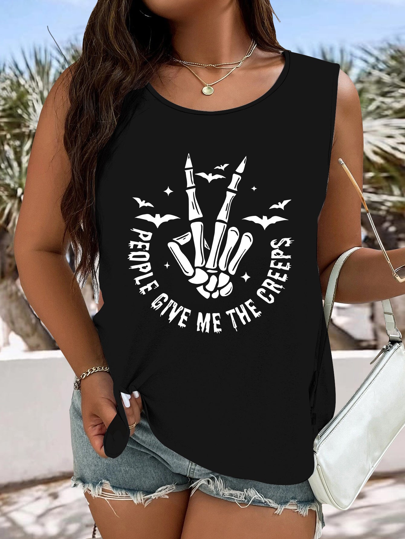 Halloween Tank Top Women's Plus Funny Skull & Slogan Print Round Neck