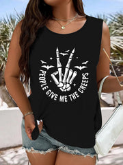Halloween Tank Top Women's Plus Funny Skull & Slogan Print Round Neck