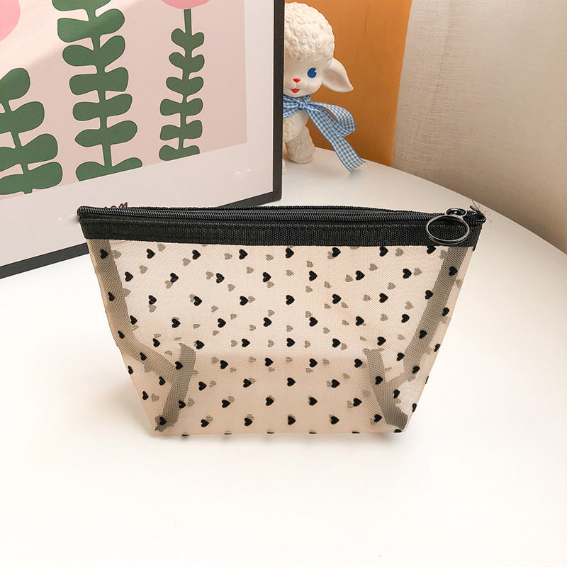 Heart Pattern Makeup Bag Mesh Zipper Makeup Pouch Toiletry Bag