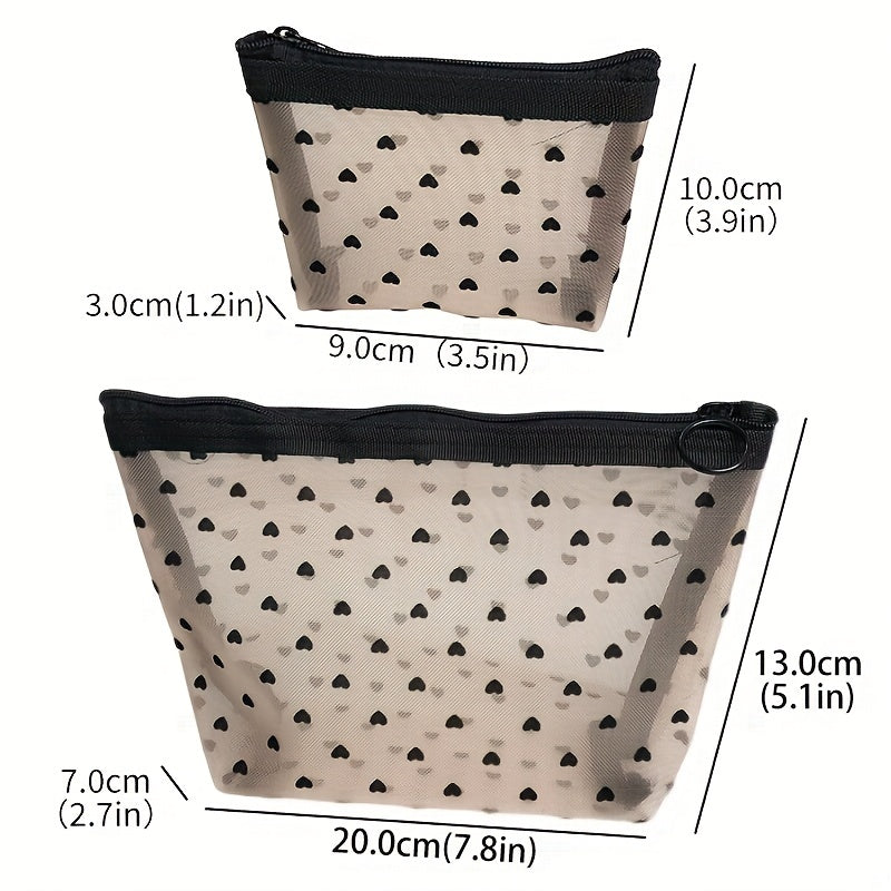 Heart Pattern Makeup Bag Mesh Zipper Makeup Pouch Toiletry Bag