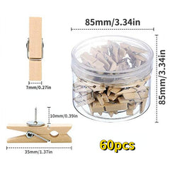 60pcs Wooden Push Pins and Clips for Cork Boards Bulletin Boards Crafts Art Phot