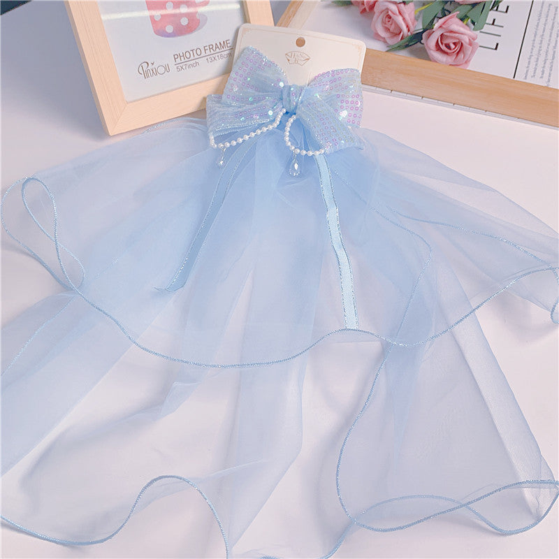 Bow Faux Pearl Veil Hair Clips for Baby Girls