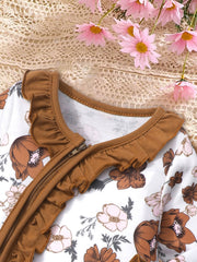 Newborn Baby Girl Floral Print Ruffle Jumpsuit With Headband