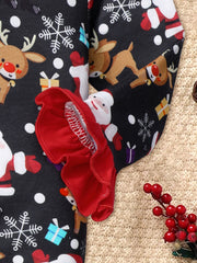 Cartoon Print Christmas Baby Girl Jumpsuit Set with Headband