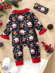 Cartoon Print Christmas Baby Girl Jumpsuit Set with Headband