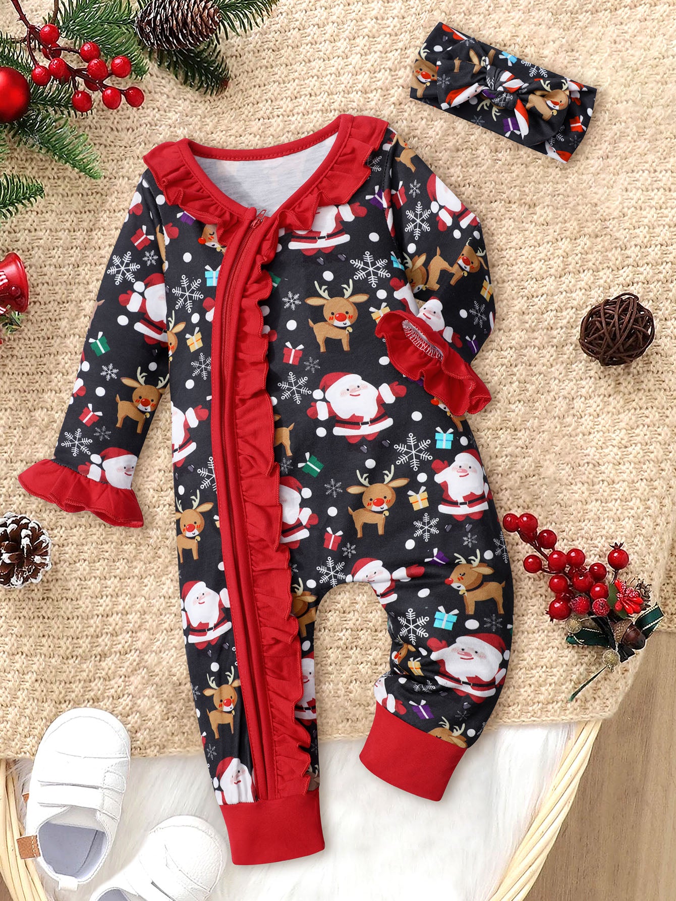 Cartoon Print Christmas Baby Girl Jumpsuit Set with Headband