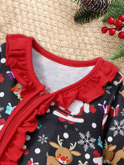 Cartoon Print Christmas Baby Girl Jumpsuit Set with Headband