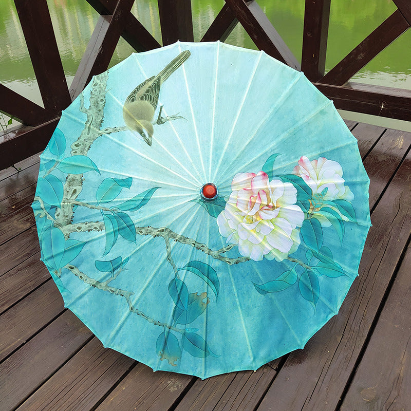 Floral Oil Paper Umbrella Traditional Wooden Handle Waterproof