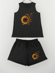 Sunflower & Butterfly Print Tank Top & Shorts Pajama Set