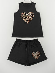 Leopard Heart Print Tank & Shorts Pajama Set