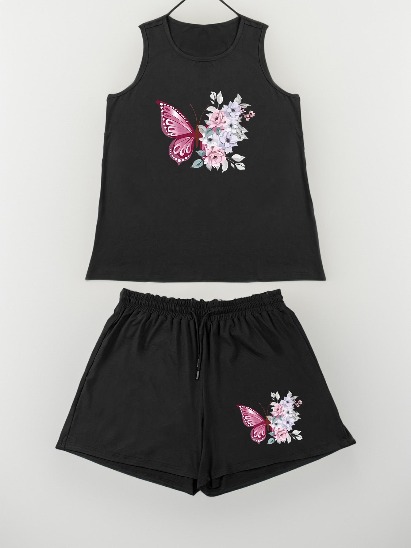 Butterfly Print Tank Top & Drawstring Shorts Set