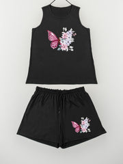 Butterfly Print Tank Top & Drawstring Shorts Set