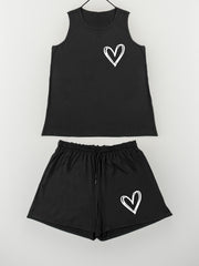 Heart Print Tank Top & Shorts Pajama Set